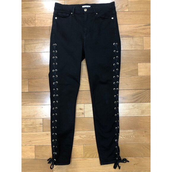 Good American Good Legs Hi Rise Skinny Black Jeans Lace Up Detail Size 8 - Picture 2 of 9